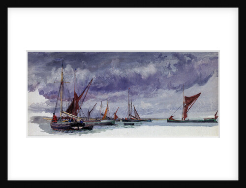 Sailing vessels at anchor under a stormy sky (unfinished) by William Lionel Wyllie
