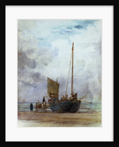 Beached fishing boat unloading into a cart, with figures by William Lionel Wyllie