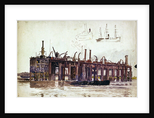 Jetty of Beckton Gasworks with very rough sketch of a ship and a tug by William Lionel Wyllie
