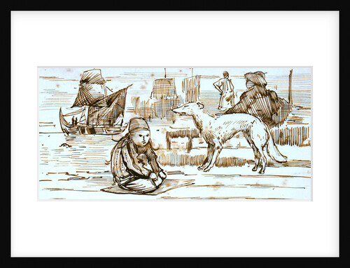 Turkish harbour scene with dog and small boy, and sailing vessel in background by C.W. Cole