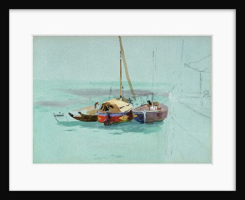 Sketch of three sailing vessels with cargo, moored alongside a larger vessel by John Fraser