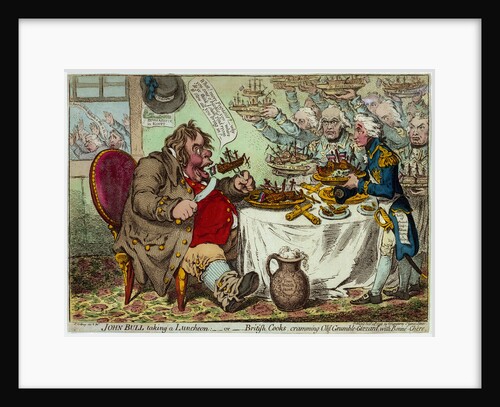 John Bull taking a Luncheon:  - or - British Cooks, cramming Old Grumble-Gizzard, with Bonne-Chere by James Gillray