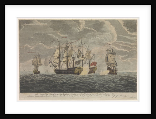 The brave Captain Tyrrel in the 'Buckingham' of 66 guns & 472 men defeating the 'Florissant', 'Aigrette' & 'Atlante', three French Ships of War, the 3rd of November 1758 by Francis Swaine