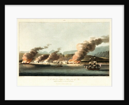 No. 10 'A view of Linga or Lung, from the sea, during the destruction of dhows on 16 November 1809' by R. Temple