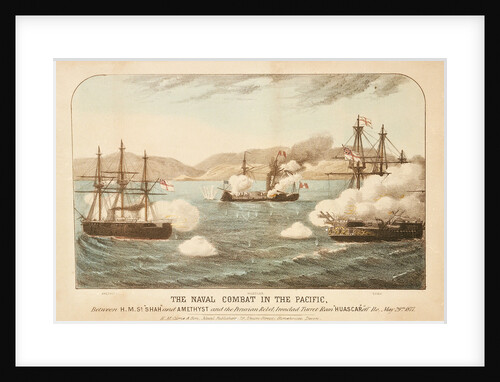 The naval combat in the Pacific, between HMS 'Shah' and 'Amethyst' and the Peruvian Rebel, Ironclad Turret Ram Huascar off Ilo, 29 May 1877 by H.M. Currie & Son