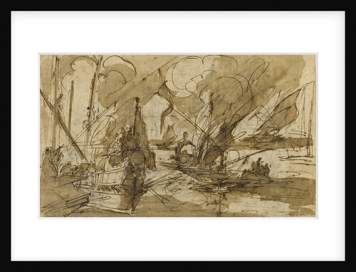 Galleys in a Mediterranean harbour by Italian School