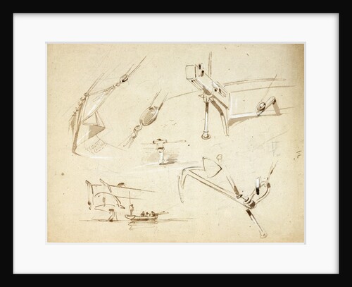 Sketches of two stern views of ships also of an anchor and rigging by Oswald Walter Brierly