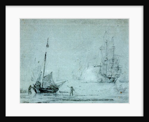 A fishing vessel ashore with fishermen casting a net by Samuel Scott