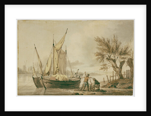 A river scene with fishing boats and fishermen sorting their nets on shore. by John Thomas Serres