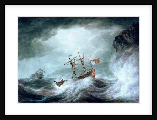 A storm, with an anchored ship in distress off rocky coast by Nicholas Pocock