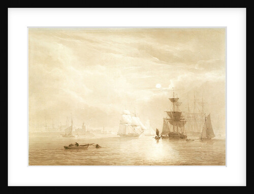 Shipping becalmed off a port by moonlight by John Christian Schetky