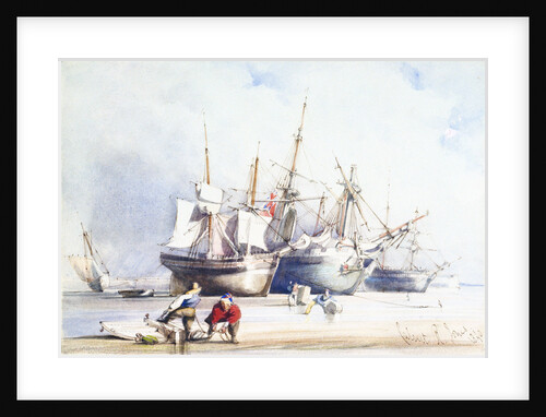Beached trading vessels and fishermen with block and tackle in foreground, Swansea by Richard Calvert Jones