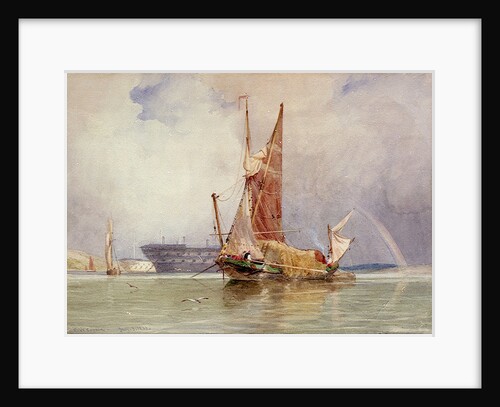 Hay barge and men of war on the Medway, 1833 by Edward William Cooke