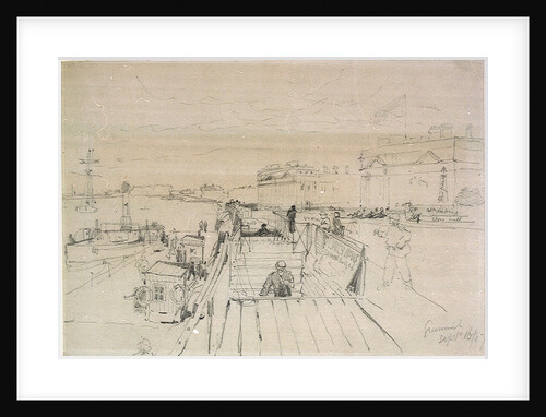 Annotated drawing of Greenwich Pier with a view of the Hospital buildings by Thomas Bush Hardy