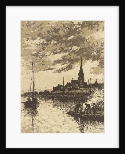 River scene showing a sailing vessel, men working at a fire, and a church by John Everett