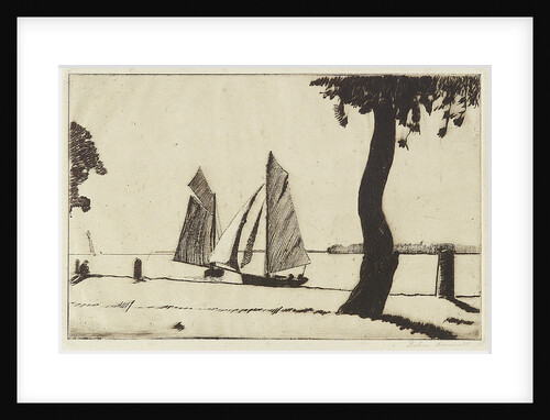 Sailing vessels near a river bank with a tree by John Everett