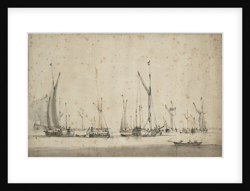 Three galjoots underway and another at anchor by Willem Van de Velde the Younger