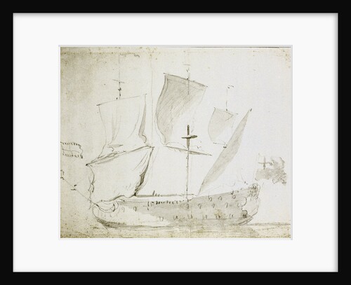 A Guinea merchant ship drying sails by Willem Van de Velde the Younger