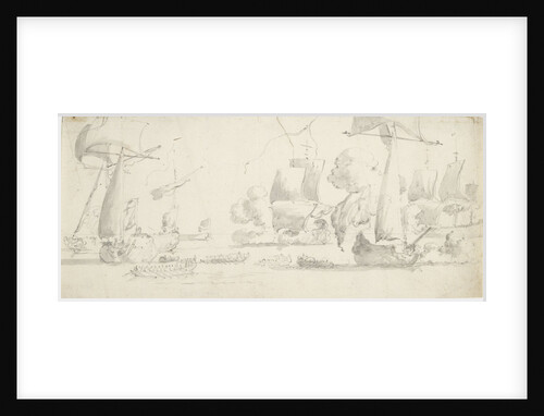 Ships and yachts saluting as barges pull away by Willem van de Velde the Elder