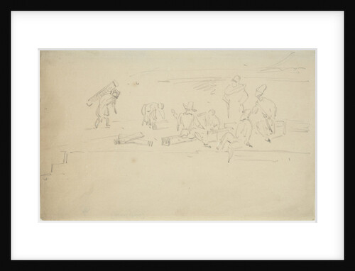 Figures seated on balks of timber on a wharf by Willem Van de Velde the Younger