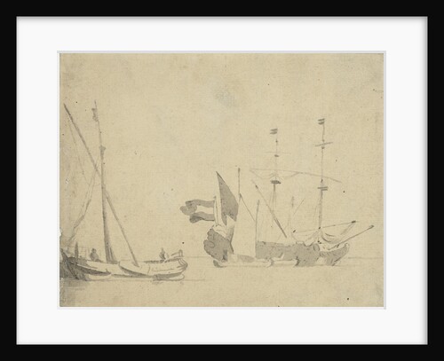 A boeier at a pier and a Dutch ship at anchor by Willem Van de Velde the Younger