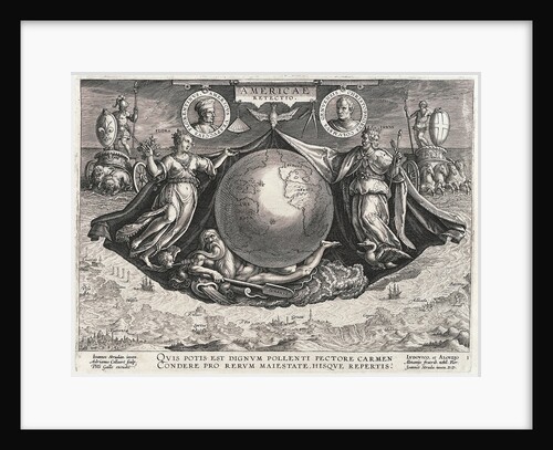 Americae Retectio (The Globe showing America, Africa and Europe and a panorama of Europe also portraits of Christopher Columbus and Amerigo Vespucci) by Johannes Stradanus