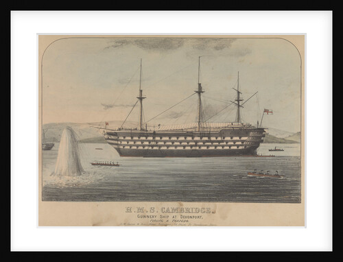 HMS 'Cambridge' Gunnery ship at Devonport, firing a torpedo by H. M. Currie & Son (publishers)