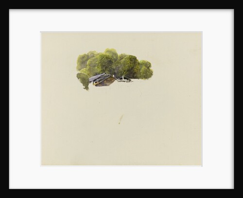 Sketch of chalet roofs among trees by John Brett