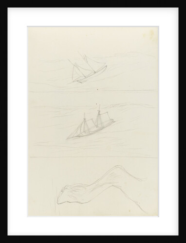 Two slight sketches of a two masted sailing craft and one of a horse's hind leg by John Brett
