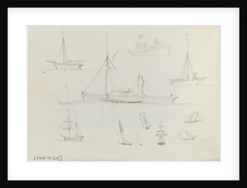 Sketch of two sailing vessels on a blue sea. With colour notes by John Brett