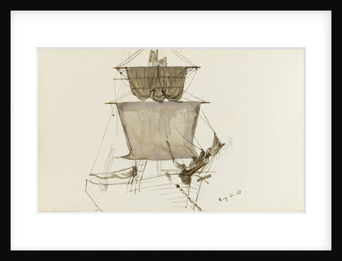 Sketch of sailing vessel with square sails - unfinished (on reverse) by John Brett