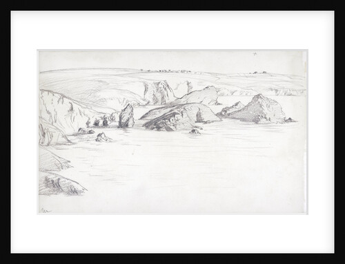 Sketch of a flat coastal view in Cornwall with rocks in the sea by John Brett