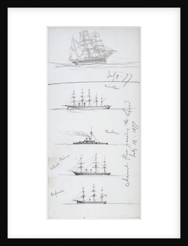 Sketch of a barque and sketches of HMS 'Minotaur', 'Thunderer', 'Black Prince', 'Defence' by John Brett