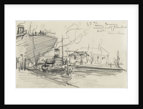 Sketch of Thames scene, 'S.T. Sun' towing the 'Cairn Ross' out of Greenland Dock (on reverse) by Nelson Dawson