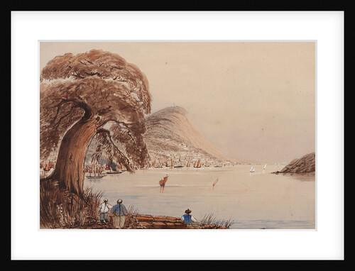 View of a coastal city with tree and figures in the foreground by Harry Edmund Edgell