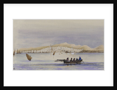 Arabian dressed figures in a rowing boat with town of Djeddah on the Red Sea in background by Harry Edmund Edgell
