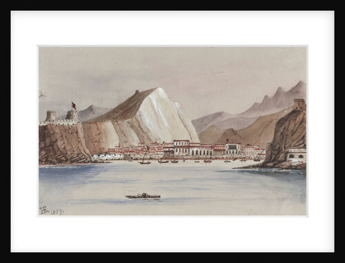 View of coastal town with mountains behind by Harry Edmund Edgell