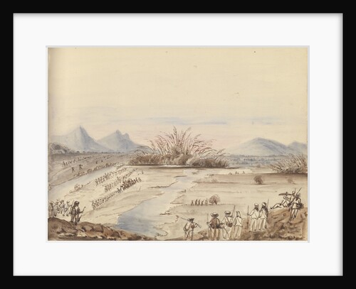 Battle of the White Cloud Mountains showing troops lined up either side of a river by Harry Edmund Edgell