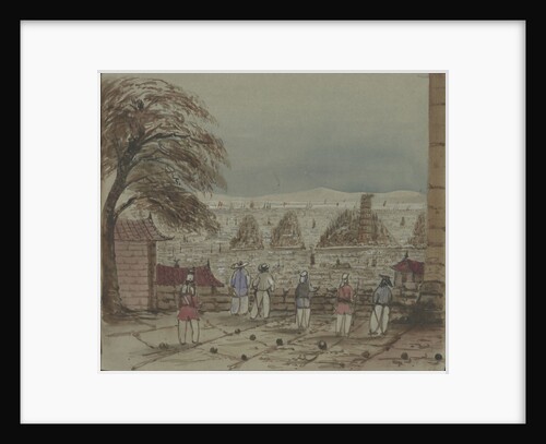 Canton. View from inside a fort showing guards looking out over sea with a pagoda on a small island by Harry Edmund Edgell