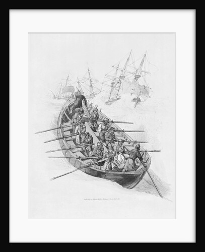 Eleven figures in a lifeboat going out to vessels in a rough sea by William Miller