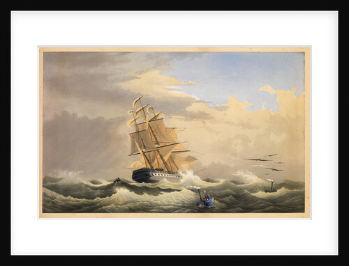 A ship at sea with a demonstration of Whitby's life-saving equipment by Haverfield