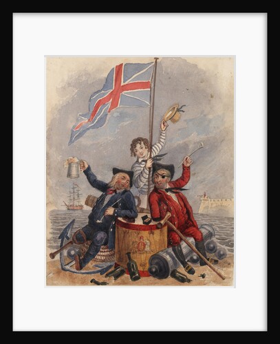 Disabled sailor and soldier leaning on drum toasting Union Flag supported by young sailor by unknown