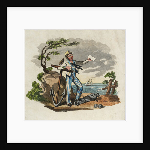 Sailor leaning on anchor with foot on gun barrel, holding paper in left hand by unknown