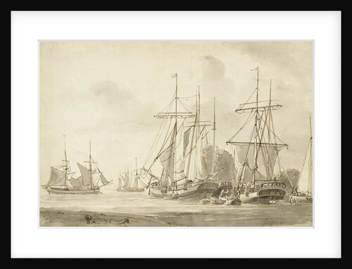 Group of brigs at anchor in a harbour by Gerrit Groenewegen