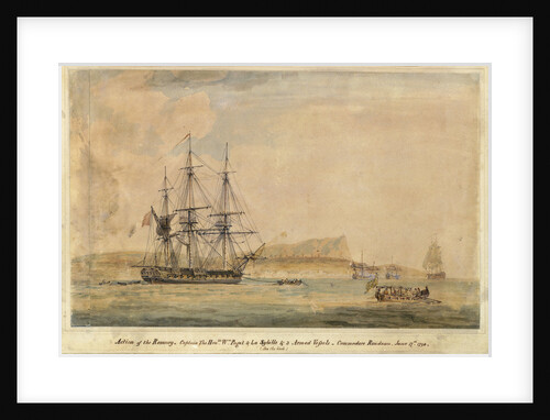 Action of the Romney... & La Sybille & 3 armed vessels... June 17th 1794 (off Miconi, Grecian Archipelago) by J. Livesay