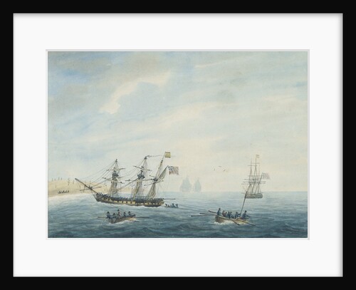 No.1. Thetis on shore near Currituck Inlet, North Carolina Dec 23rd 1794... Cleopatra at anchor near her. Thisbe and Lynx answering private signals by George Tobin