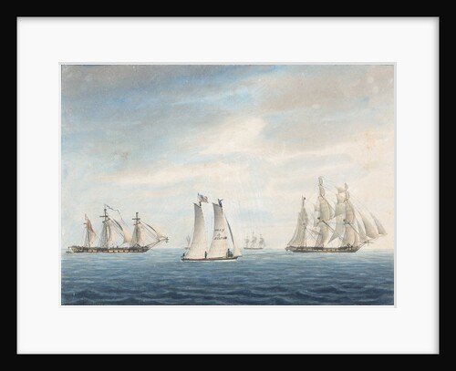 No 2. Dec 31st 1794. The Cleopatra towing the Thetis towards the Chesapeake. Lynx and Thisbe attending... A Virginian pilot boat the Sally of Norfolk in the foreground by George Tobin