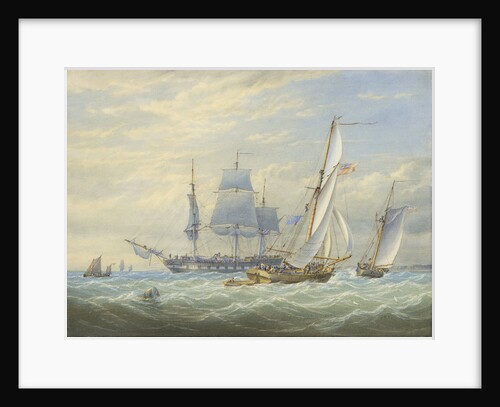 Two cutters under sail and a ship at anchor by John Cantiloe Joy