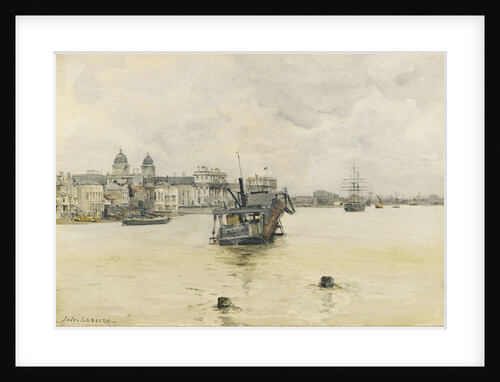 'Greenwich', with a dredger on moorings off the Royal Naval College, Greenwich Hospital by Jules Lessore