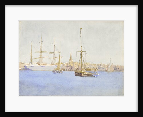 A three-masted barque at a quayside with fishing smacks by Nelson Dawson